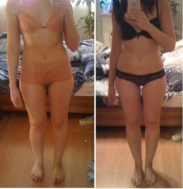 En pige før og efter at have tabt sig på en japansk diæt på 14 dage
